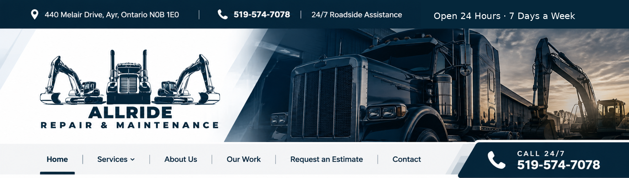 Allride Repair & Maintenance banner with truck, excavators, address, phone, 24/7 shop hours and navigation